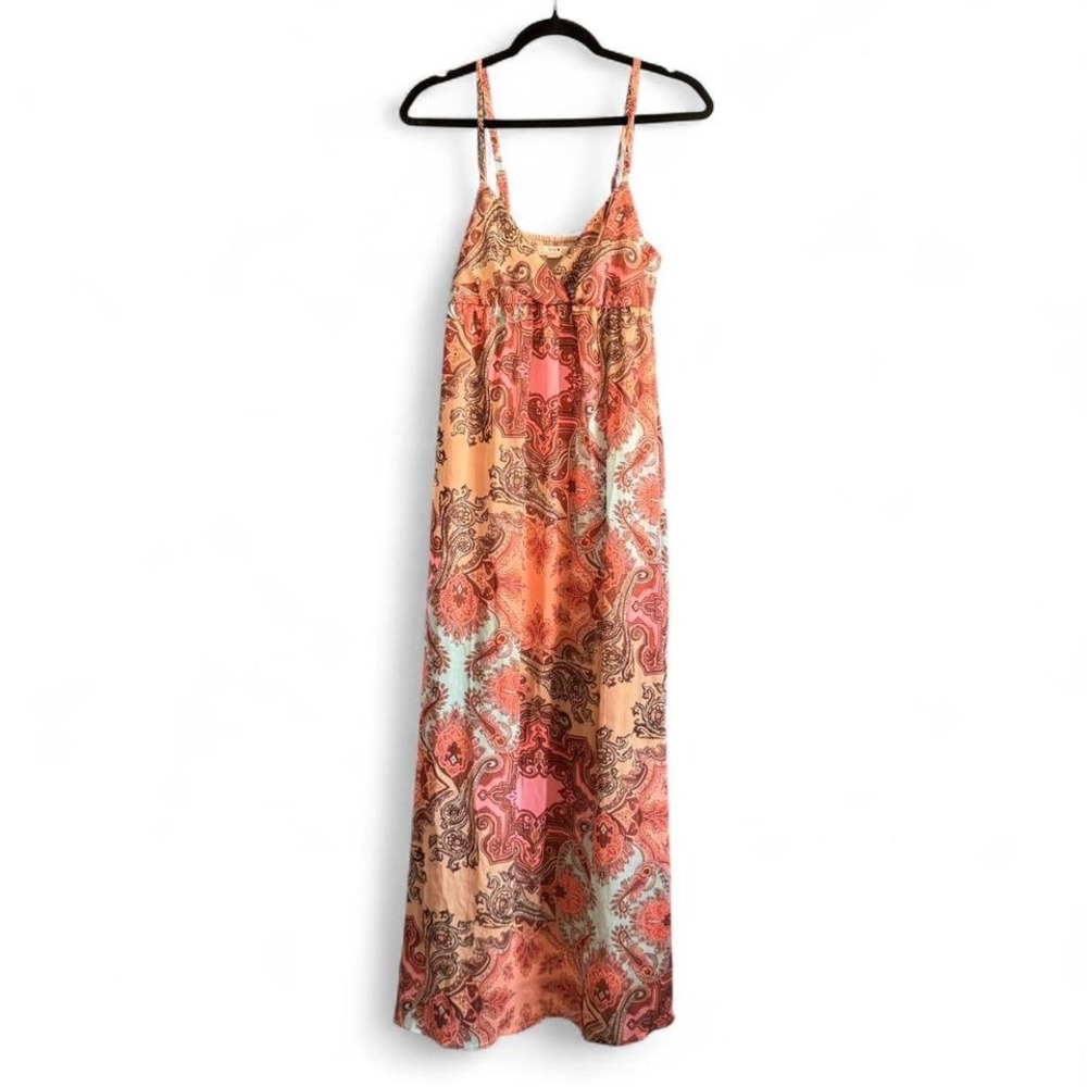 Y2K Forever 21 Maxi Dress Women's Size Small Paisley Chiffon Peach Empire Cami